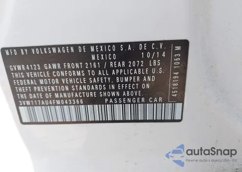 2015 Volkswagen Golf из США, поврежденный, VIN 3VW117AU4FM043366